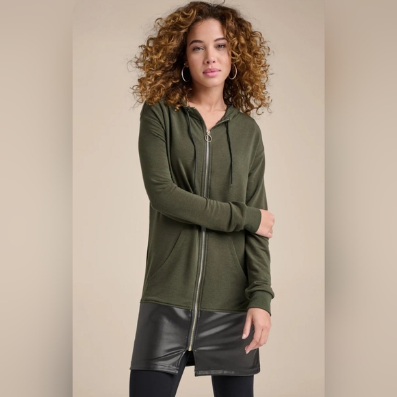NWT VENUS Olive Green Hoodie with Faux Leather Detail - Picture 1 of 7